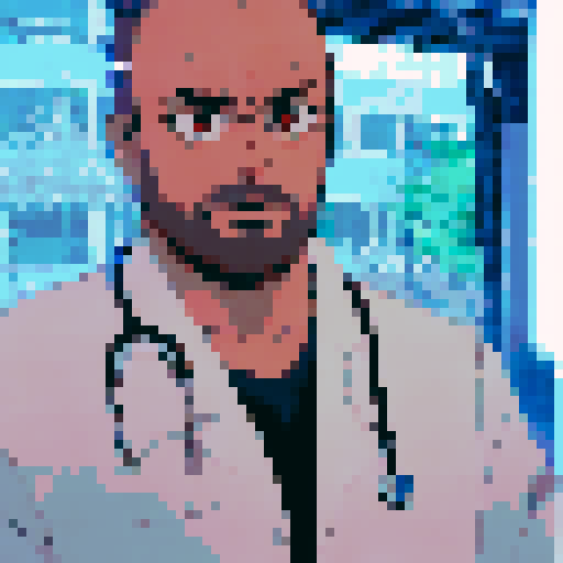 Doctor md, serious expression, green eyes, stethoscope around neck, white lab coat, tousled brown hair, anime-style character portrait, close-up, pixel art
