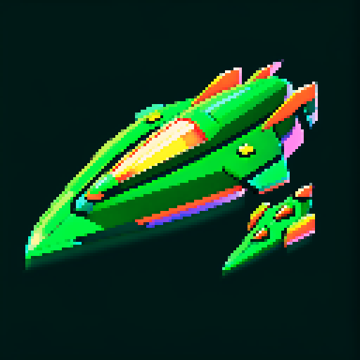 Green spaceship, retro, low resolution, vibrant colors, geometric shapes, angular design, glowing thrusters, metallic finish, glossy surface, starry background, cosmic atmosphere, sci-fi aesthetic, futuristic, extraterrestrial, otherworldly, nostalgic, video game-inspired
