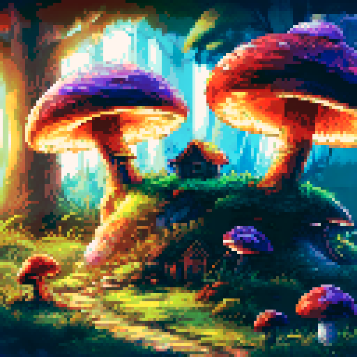 fantasy mushroom hut with fairies flying, whimsical pastel-colored leaves, light shining through trees, landscape
