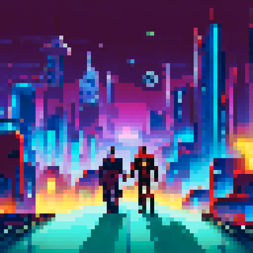 Ironman and Sherlock Holmes, standing back to back in a futuristic cityscape, with neon lights reflecting off their shiny armor and trench coat, respectively, against a starry night sky