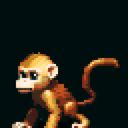 wooden, mechanical-feel, monkey sculpture, branch in hand, sitting on floor, tilted head, white background, Jean-Baptiste Monge style, pixel art, sRGB