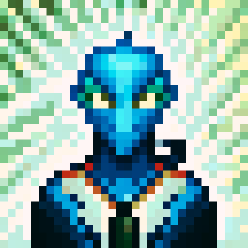 Alien creature with exotic features, wielding a futuristic gun, in a captivating and unusual environment like a barren alien desert, dense alien jungle, or futuristic cityscape, close-up, skill art, game icon style, 32x32 pixel art, sRGB, portrait, with a stance and expression that showcases its power and precision