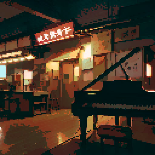 Indoor, jazz bar, piano, neon sign, bar, high resolution, contrast, cozy, pixel art, detailed view, dreamy light
