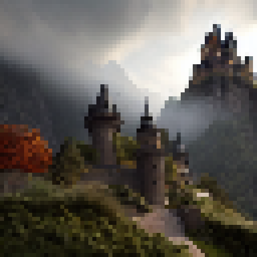Castle perched atop a craggy mountain, looming trees and misty clouds in the background, a knight on horseback riding towards the entrance, dramatic lighting and intricate stone carvings creating a Gothic feel. Classic RPG