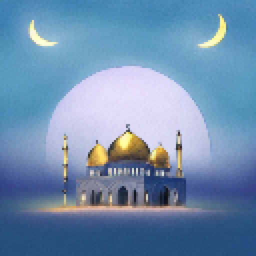 Golden domed mosque with tall minarets surrounded by fluffy, cotton candy clouds, basking in the light of a crescent moon and twinkling stars, rendered in a dreamy watercolor style.