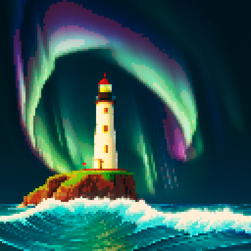 pixelated lighthouse standing tall, vibrant sea waves crashing, mesmerizing aurora dancing