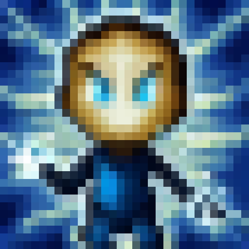 Blue-clad child brandishes firearm in 32x32 pixelated style.