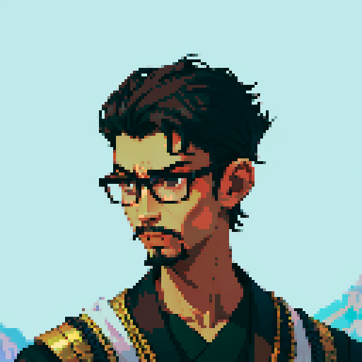 Southeast Asian man, short curly hair, round glasses, tanned, goatee, diamond shaped face, black eyes, age 25, wearing a robe