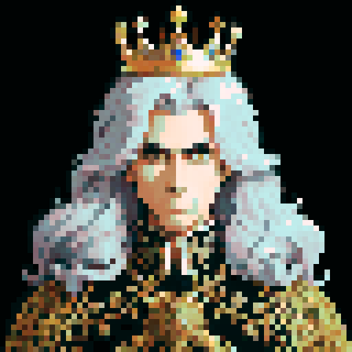 prince, regal, metall crown, black crown, majestic, stoic expression, sharp features, silver accents, silver royal robe, intricate embroidery, game icon, 32x32 pixel art, sRGB, skill art, close up, portrait, golden hairs, detailed
