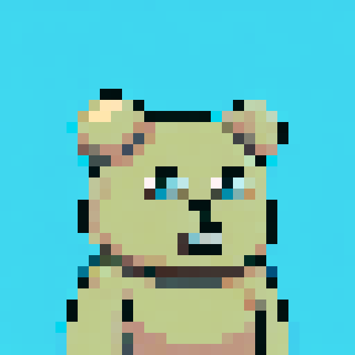 A pixel art image of an anthropomorphic bear character with a neutral expression, facing forward. The bear is light brown with a slightly darker muzzle, small round ears, and large blue eyes. It has a visible nose and mouth, and it appears to be wearing a dark gray collar. The background is a flat light blue color. The style is reminiscent of 8-bit video game graphics, with a square aspect ratio.