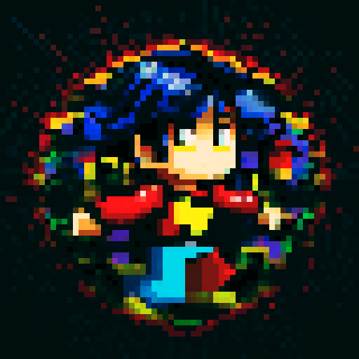 8-bit style portrait with vibrant, retro colors, showcasing a pixelated character in a dynamic pose against a black background, reminiscent of classic video games
