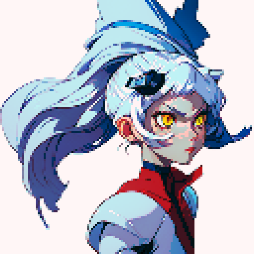 anthropomorphic fox woman reploid, white hair, yellow eyes, red helmet, blue headstone, white tail, clawed feet, sRGB, pixel art