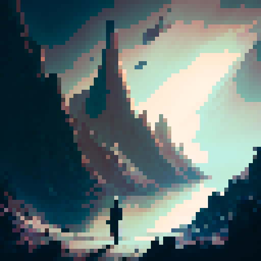 Bloodied man with gauze wrapped all around his body looking slightly down into his hand with his heart in it sitting on the cliffside looking towards the ocean with the sun setting in the distance