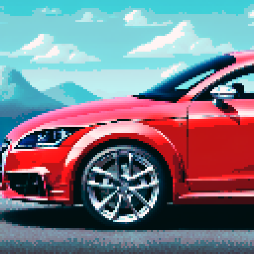 Photorealistic, centered Audi TT in a three quarter view, right wheel in front, clean background, pixel art style with sRGB colors