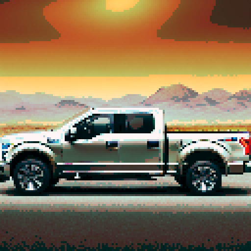 Photorealistic, centered Ford F-150 in a three quarter view, right wheel in front, clean background, pixel art style with sRGB colors
