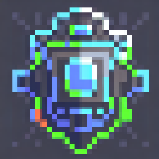 A neon-lit, triangular shield adorned with circuitry patterns and graffiti, reflecting the dystopian cityscape in the background.