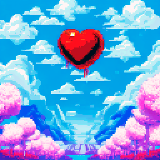 Robot head with heart eyes stands amidst a sea of delicate cherry blossoms in a pixelated landscape, emitting a square wave oscillator that forms a smile on its face