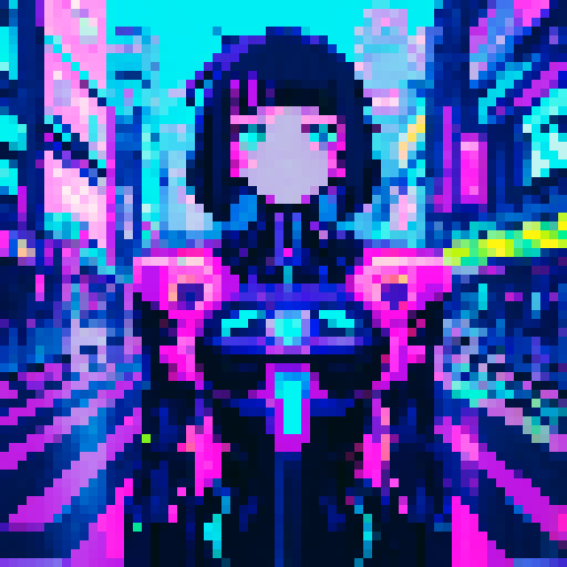 anime-style, cyberpunk, cute character with big, expressive eyes, vibrant neon colors, futuristic cityscape filled with towering skyscrapers and holographic billboards, pixel art aesthetic, glowing neon signs reflecting off rain-soaked streets, characters wearing edgy, futuristic fashion, dramatic lighting casting long shadows, intricate circuitry and glowing cybernetic
