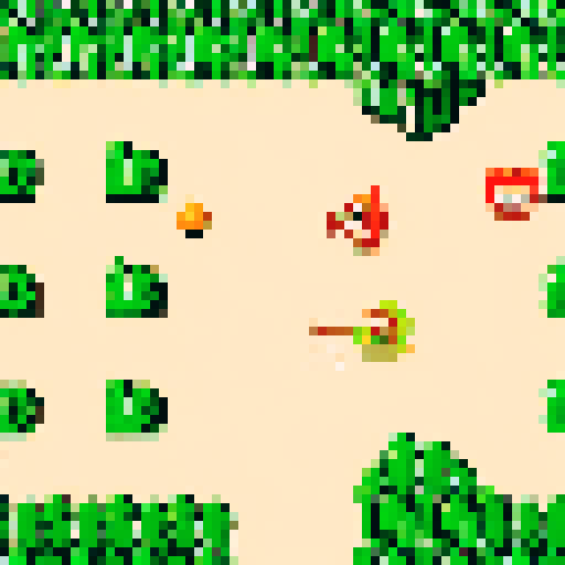 new monsters, towering trees, fork instead of sword, pixel art, sRGB