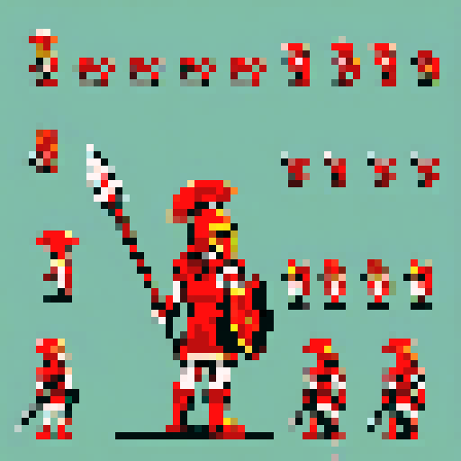 greek hoplite in copper armor, shield, corinthian helmet without plume, red tunic, red-edged sandals, long spear, 32x32 sprite style, pixel art
