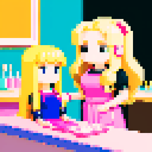 nail tech, long blonde hair, pink apron, girl, black hair, facing each other, table, nail salon, pixel art, sRGB