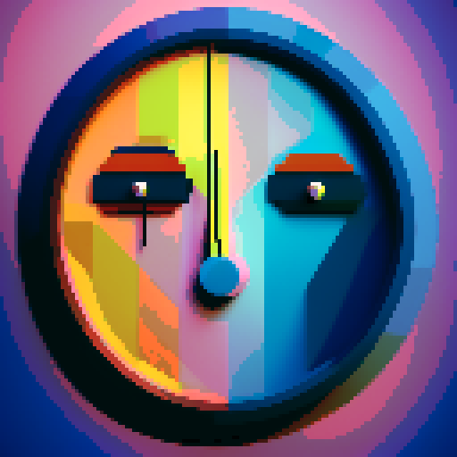 Salvador Dali-esque, surreal, melting clock, distorted face, pixelated, vibrant colors, dreamlike, fragmented reality, abstract, whimsical, fragmented landscape, melting objects, pixel art