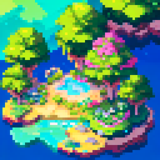 Palm trees sway in the hot wind, casting shadows on the gleaming glass facades of towering skyscrapers in Dubai that reach towards a bright blue sky, with a shimmering lake in the foreground, all rendered in a portrait pixel art style