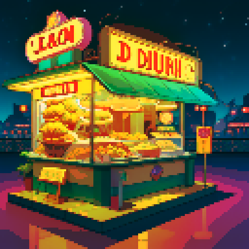 Isometric food stall, retro-futuristic style. Large neon sign on top that says “DURIAN”. Has a large durian fruit on top of the stall. Set at night. 