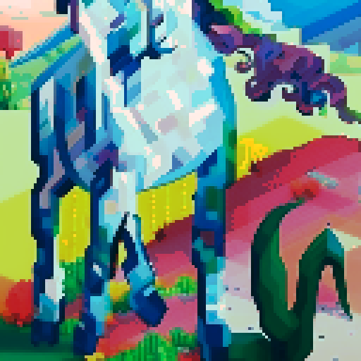 blue horse, galloping through a vibrant pixelated landscape, mane flowing with vibrant colors, surrounded by geometric shapes and bright blocky trees, showcasing the intricate details of pixel art
