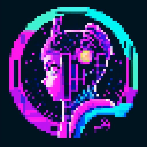 Portrait alien character with a futurisic headdress, glowing eyes, and hieroglyphic tattoos, holding a raygun, standing in a vibrant galaxy filled with colorful planets and stars, surrounded by futuristic UFOs and ancient Egyptian and Sumerian inspired architecture, invading earth, loving bitcoin, all depicted in pixelated visage and high quality pixel art using the retro sRGB color palette, retrowave style, showcasing intricate details and bold, stylized compositions, perfect profile picture