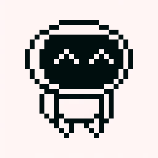 Black and white, round, rosy-cheeked robot smiling contentedly with big, bright eyes, crafted in charming 32x32 pixel art, highlighting its endearing, skillful design for a game icon.