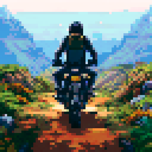 Royal Enfield Himalayan bike parked on rocky terrain, surrounded by towering mountains, with a vibrant sunset sky in the background, all depicted in a pixel art style and in center having Name SPROOKE