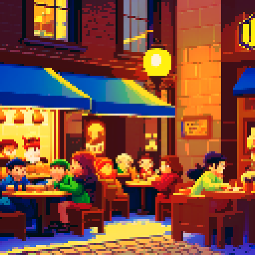 busy city cafe, winter cold, crowded tables, steaming cups, baristas brewing coffee, pixel art, sRGB