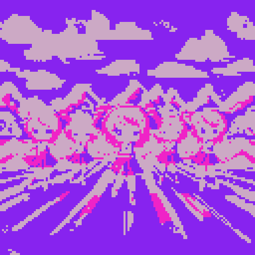 kawaii cheerleaders with pigtail hair, neon colors, against a pixel art background featuring a galaxy in the sky and a meat landscape
