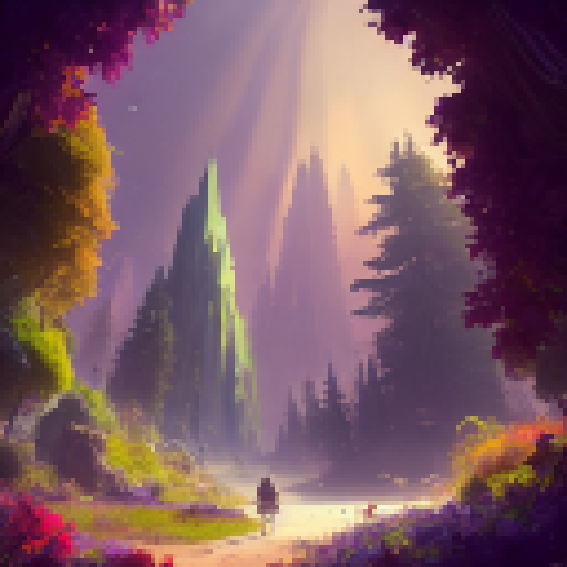 "Shaded clearing in a vividly-lit forest with a babbling creek and colorful flowers, rendered in a highly-detailed, cinematic style."