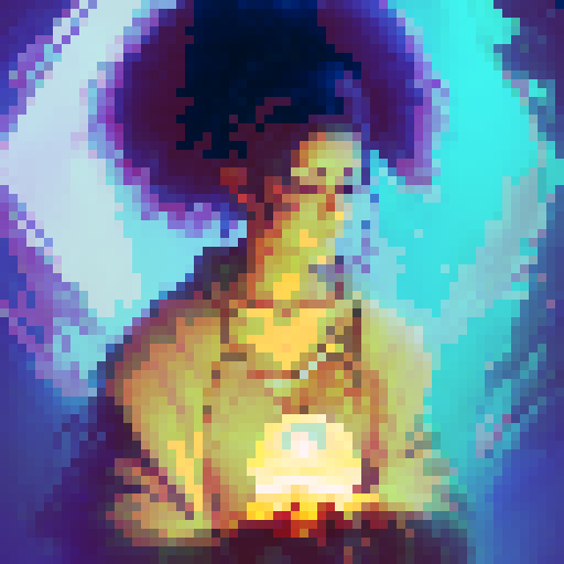 Young bohemian witch with flowing hair and colorful attire, gazing into a glowing crystal ball, view as if you are the client, surrounded by magical items and candles.