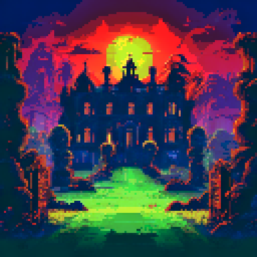 grand mansion with overgrown pixelated gardens, foggy graveyard, glitchy specters, VHS-inspired filter, synthwave music, sRGB, pixel art, background, landscape