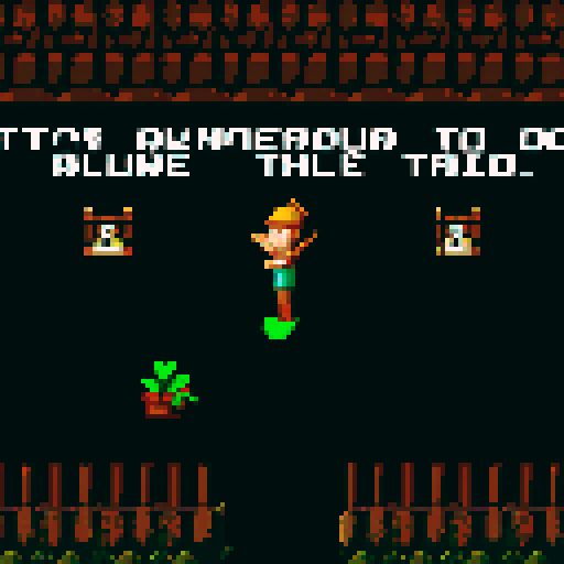 archaeologist with rugged explorer attire, wielding a trowel as big as a sword, surrounded by lush greenery, a pixelated forest, vibrant wild animals, reminiscent of NES Zelda, NES color pallete