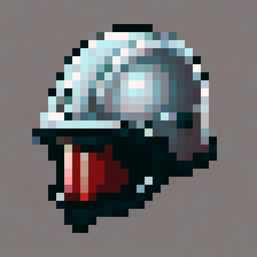 Horned, fiery demon hunter helmet with intricate engravings, glowing red eyes, and smoke billowing from the nostril-like vents, rendered in 32x32 pixel art for use as a game asset