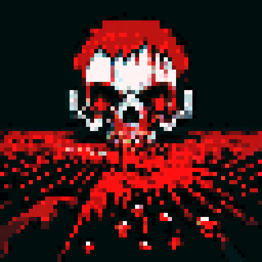 blood splatters, gory mess, pixelated gore, vibrant reds, intense contrast, gruesome scene, low-resolution violence, graphic horror, jagged edges, brutal carnage, digital bloodstains, macabre details, textured viscera, animated gore, dark and gritty pixelation