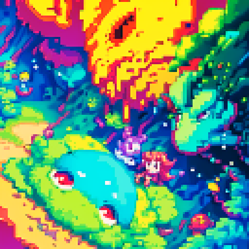 pixelated slime oozing vibrant colors, attacking with pixel art animation