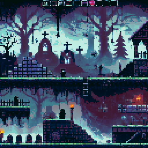 2D platformer level with 8 by 8 pixel tiles, grim vampire hunter themed.