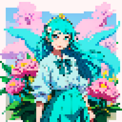 Name: Maihara Fuuka
Gender: Female
Age: Around 20, looks cute and lovely
Hair: cyan long hair, vivid eyes with a smile.  
Eyes: winking, expressing cute and some kind of tricking.
Clothing: wearing skirt.
Outfit: Expressing herself as a lovely young girl.
Accessories:  A flower on the head.
Pose: Only one hand shaking to you, smiling, and the other hand is putting behind back. Seems like verying welcoming. Stooping slightly.