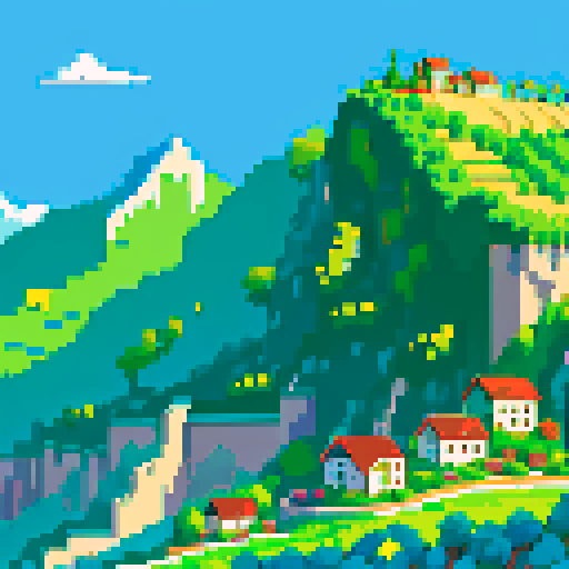 pixel art mountain ridge with snow-capped peaks, quaint houses nestled in the valley, rows of grapevines stretching towards the horizon, vibrant green fields, blooming flowers, soft sunlight casting warm hues on the landscape