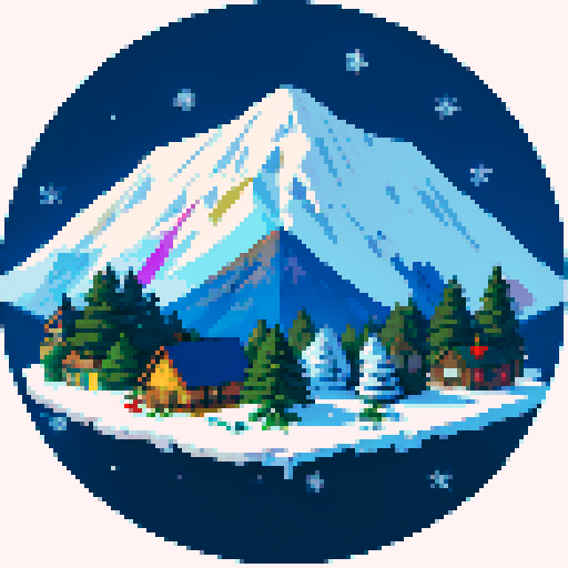 snowy mountain range ski town with a tiny lodge, igloo, campsite, cold, pixel art, sRGB, christmas themed