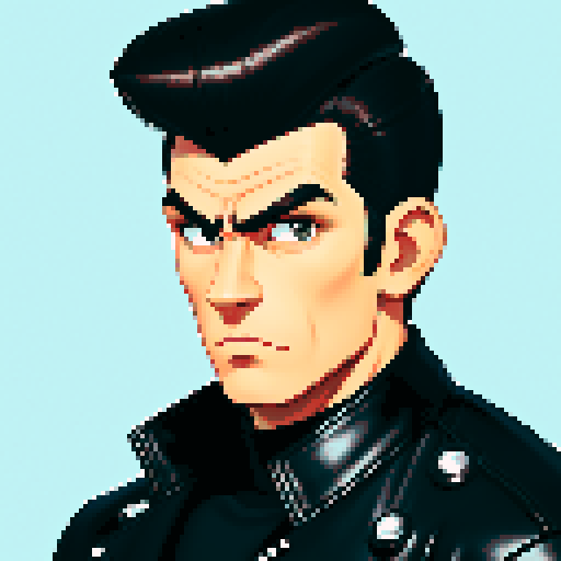 Muscular, tough greaser man with a pompadour hairstyle, wearing a motorcycle jacket, pixel art, sRGB colors, portrait, face avatar