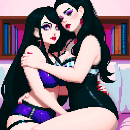 curvy, cute goth girls with black hair, purple eyeshadow, and red lipstick, in love, kissing, embracing each other, pixel art style, sRGB
