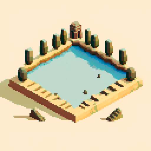 ruined, destroyed grand temple of Apollo, desert landscape, hexagonal map temple icon, pixel art
