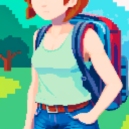 Female character wearing tank top, unbuttoned short sleeve shirt, jean shorts, hiking boots, and backpack 