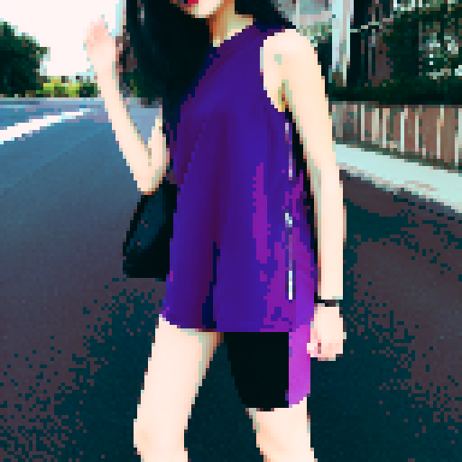 Full-body moody teenage girl with black short hair, wearing a purple tank top under a black leather jacket, torn shorts and stockings.